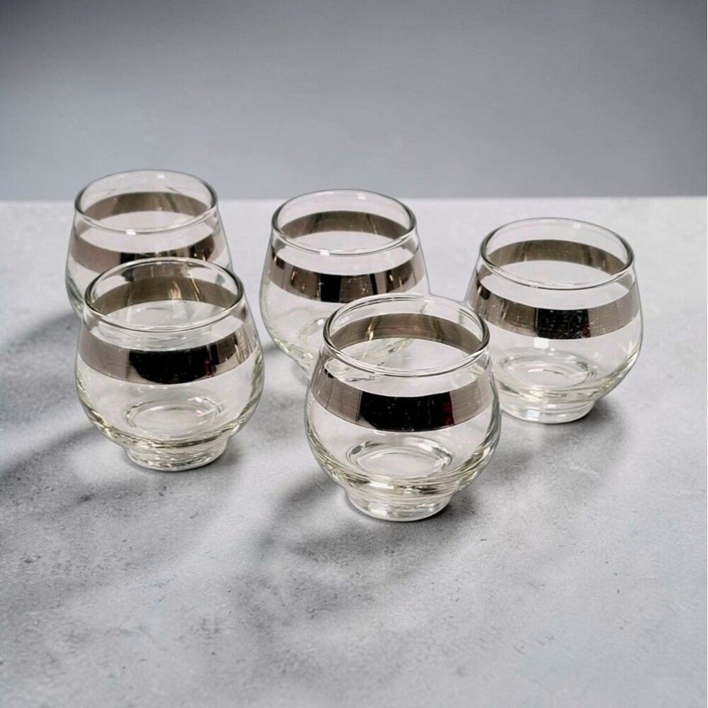 Vintage Libbey Roly Poly Glasses Set 5 Platinum Silver Band MCM Barware Bar